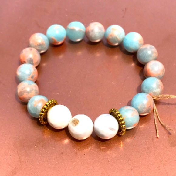 NEW, Anthropologie, Jasper w/ Blue Howlite Bracelet, Beaded Statement Bracelet - Picture 4 of 6